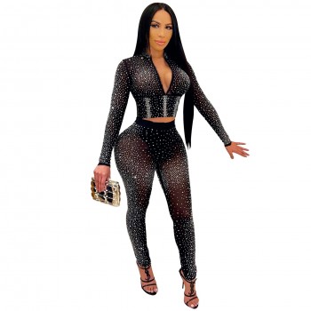 Mesh See Through 2 Piece Set Sexy Club Party Diamonds Women Set Outfits V Neck Long Sleeve Crop Top Tight Pants Set